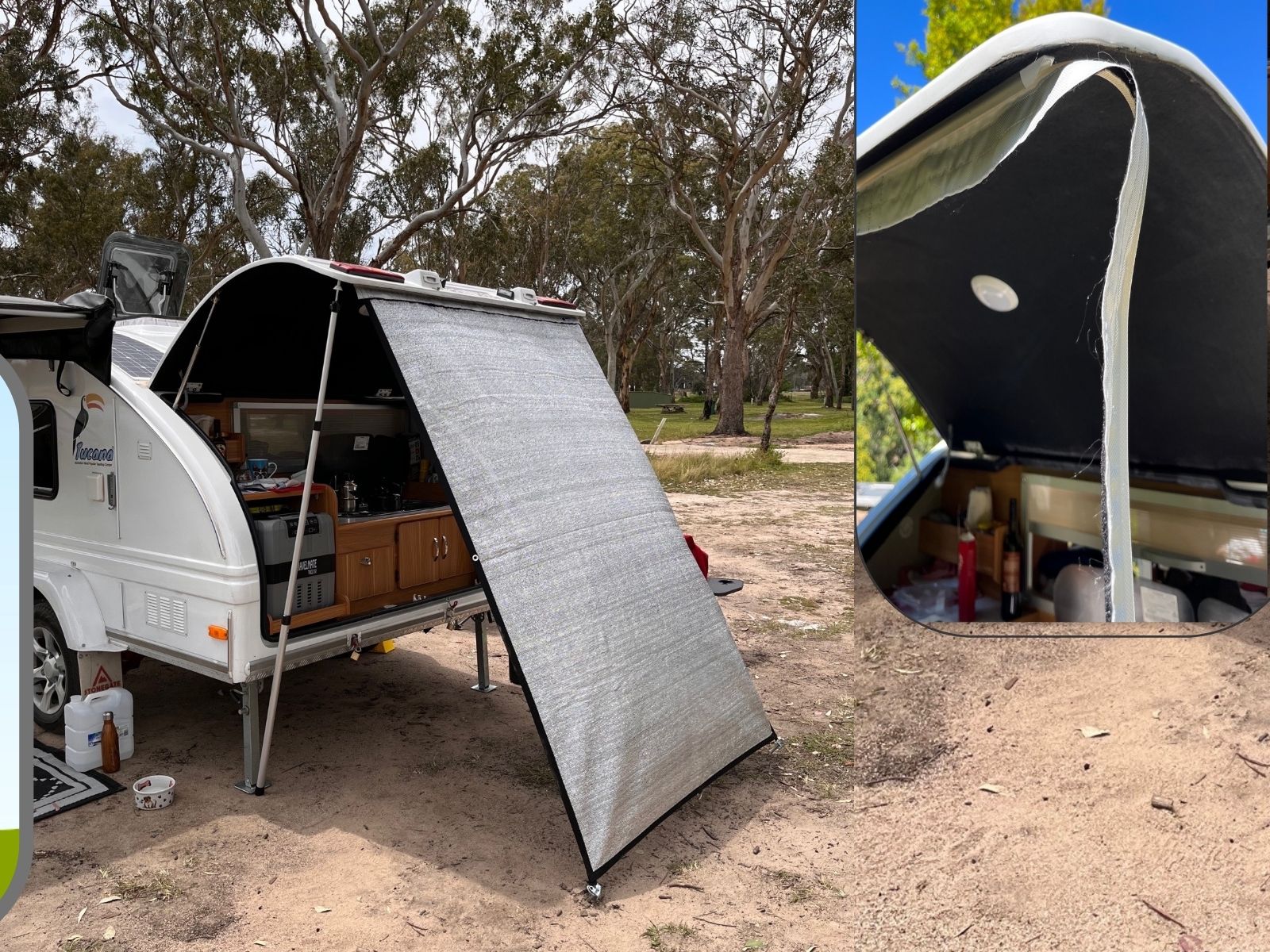Feeding in the track for the kitchen shade on a Tacana Teardrop camper